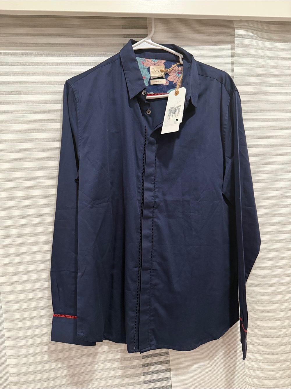 Men's Navy Long-Sleeve Dress Shirt with Contrast Trim